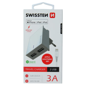 SÍŤOVÝ ADAPTÉR SMART IC 2x USB 3A POWER + DATOVÝ KABEL USB / LIGHTNING MFi 1,2 M BÍLÝ
