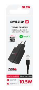 SÍŤOVÝ ADAPTÉR SMART IC 2x USB 2,1A POWER + DATOVÝ KABEL USB / MICRO USB 1,2 M ČERNÝ