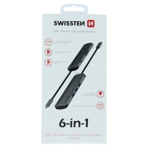 USB-C HUB 6-IN-1 (USB-C PD, 3X USB 3.0, SD, MICRO SD) ALUMINIUM