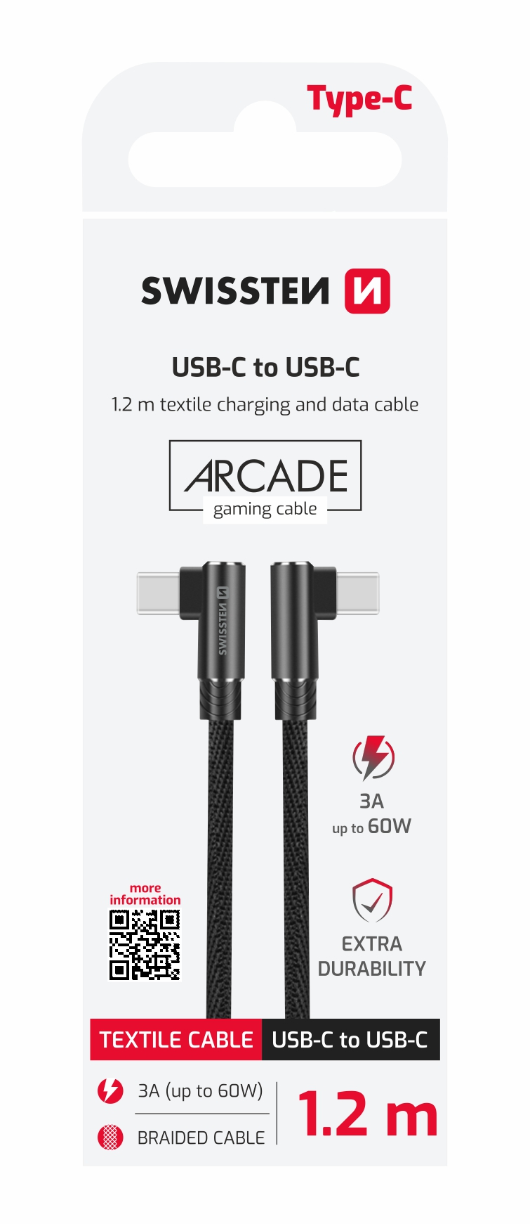 TEXTILNÍ DATOVÝ KABEL ARCADE USB-C / USB-C 1,2 M ČERNÝ - Obrázek 1