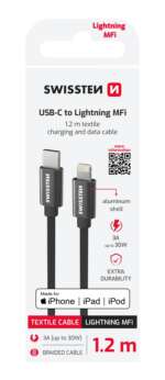 DATOVÝ KABEL TEXTILE USB-C / LIGHTNING MFi 1,2 M ČERNÝ