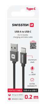 DATOVÝ KABEL TEXTILE USB / USB-C 0,2 M ČERNÝ