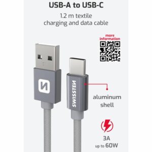 DATOVÝ KABEL TEXTILE USB / USB-C 1,2 M ŠEDÝ