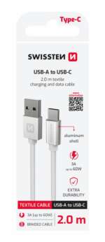 DATOVÝ KABEL TEXTILE USB / USB-C 2,0 M STŘÍBRNÝ