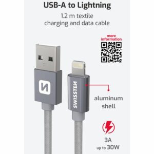 DATOVÝ KABEL TEXTILE USB / LIGHTNING 1,2 M ŠEDÝ