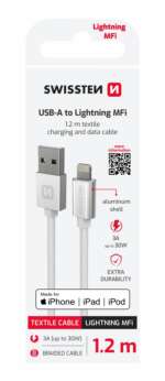DATOVÝ KABEL TEXTILE USB / LIGHTNING MFi 1,2 M STŘÍBRNÝ