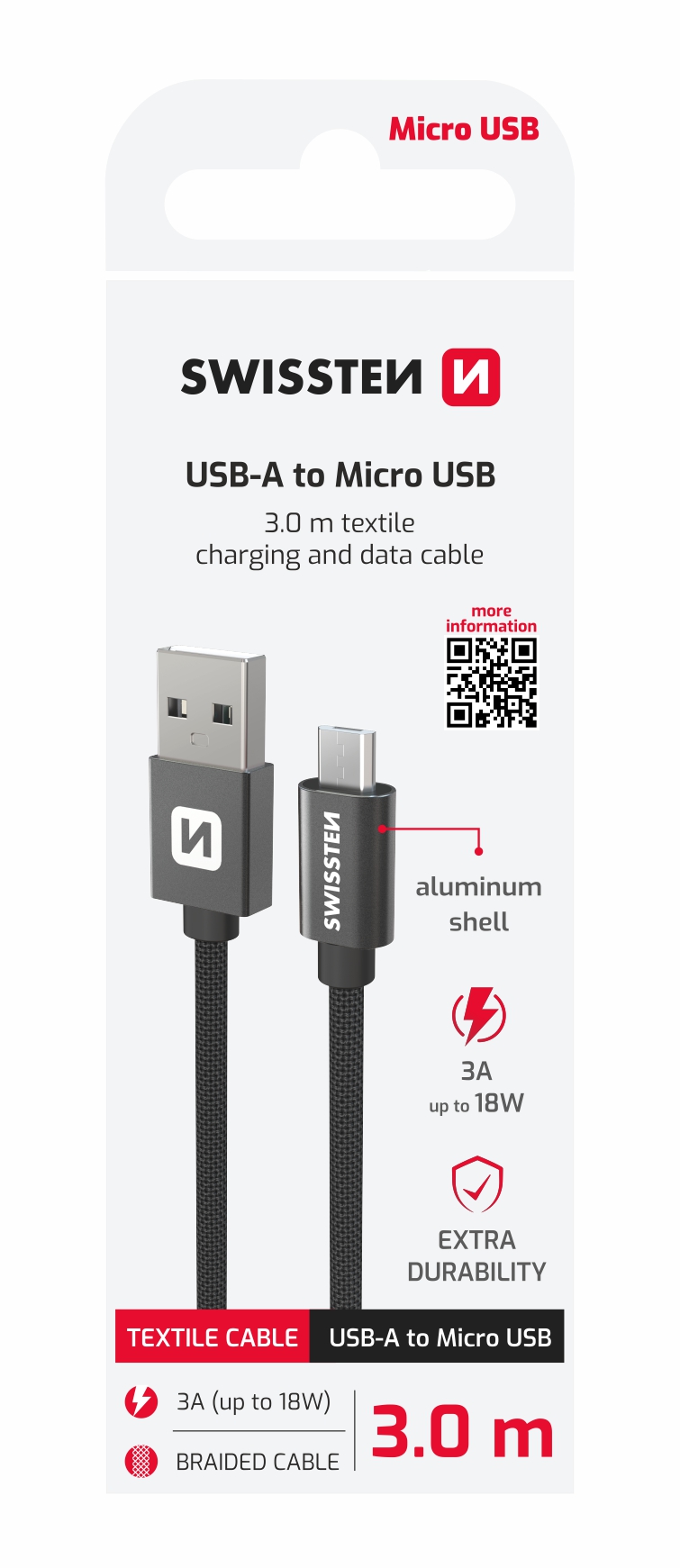 DATOVÝ KABEL TEXTILE USB / MICRO USB 3,0 M ČERNÝ - Obrázek 1