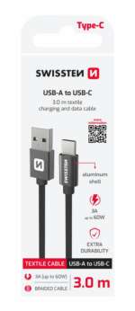 DATOVÝ KABEL TEXTILE USB / USB-C 3,0 M ČERNÝ - Obrázek 2