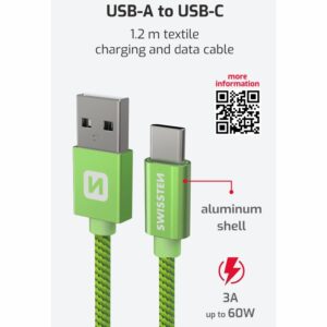 DATOVÝ KABEL TEXTILE USB / USB-C 1,2 M ZELENÝ