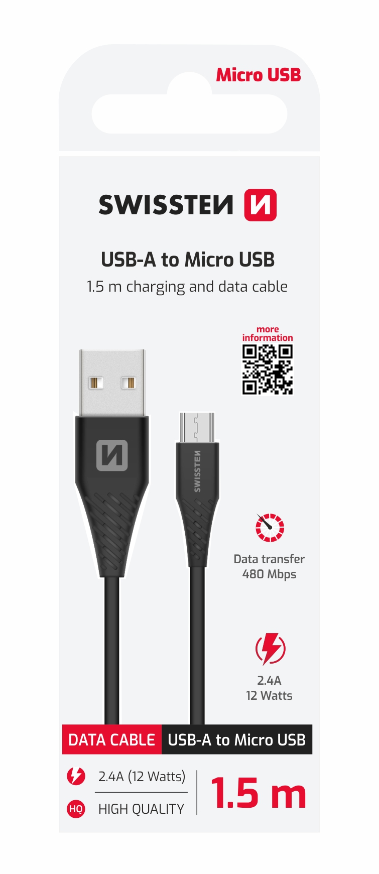 DATOVÝ KABEL USB / MICRO USB 1,5 M ČERNÝ (9mm) - Obrázek 1
