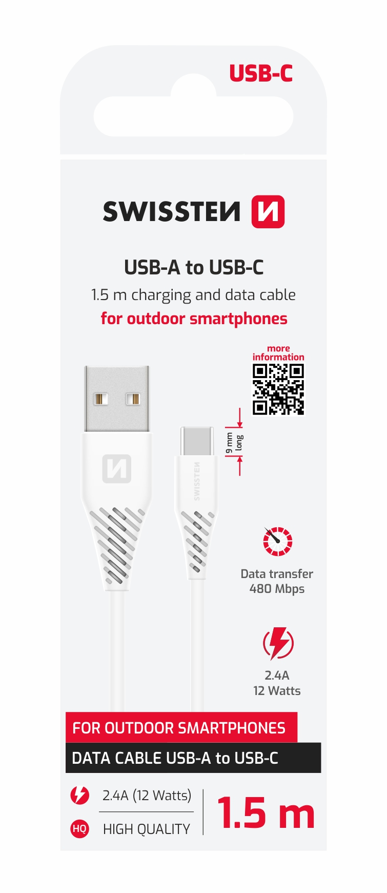DATOVÝ KABEL USB / USB-C BÍLÝ 1,5 M (9mm) - Obrázek 1