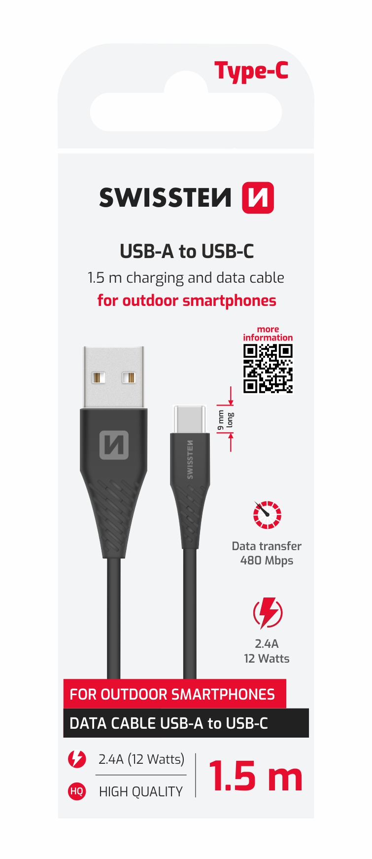 DATOVÝ KABEL USB / USB-C ČERNÝ 1,5M (9mm) - Obrázek 1