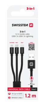 DATOVÝ KABEL TEXTILE 3in1 1,2 M ČERNÝ (Lightning, 2x USB-C)