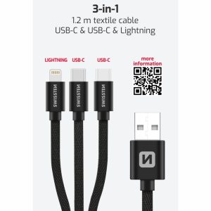 DATOVÝ KABEL TEXTILE 3in1 1,2 M ČERNÝ (Lightning, 2x USB-C)