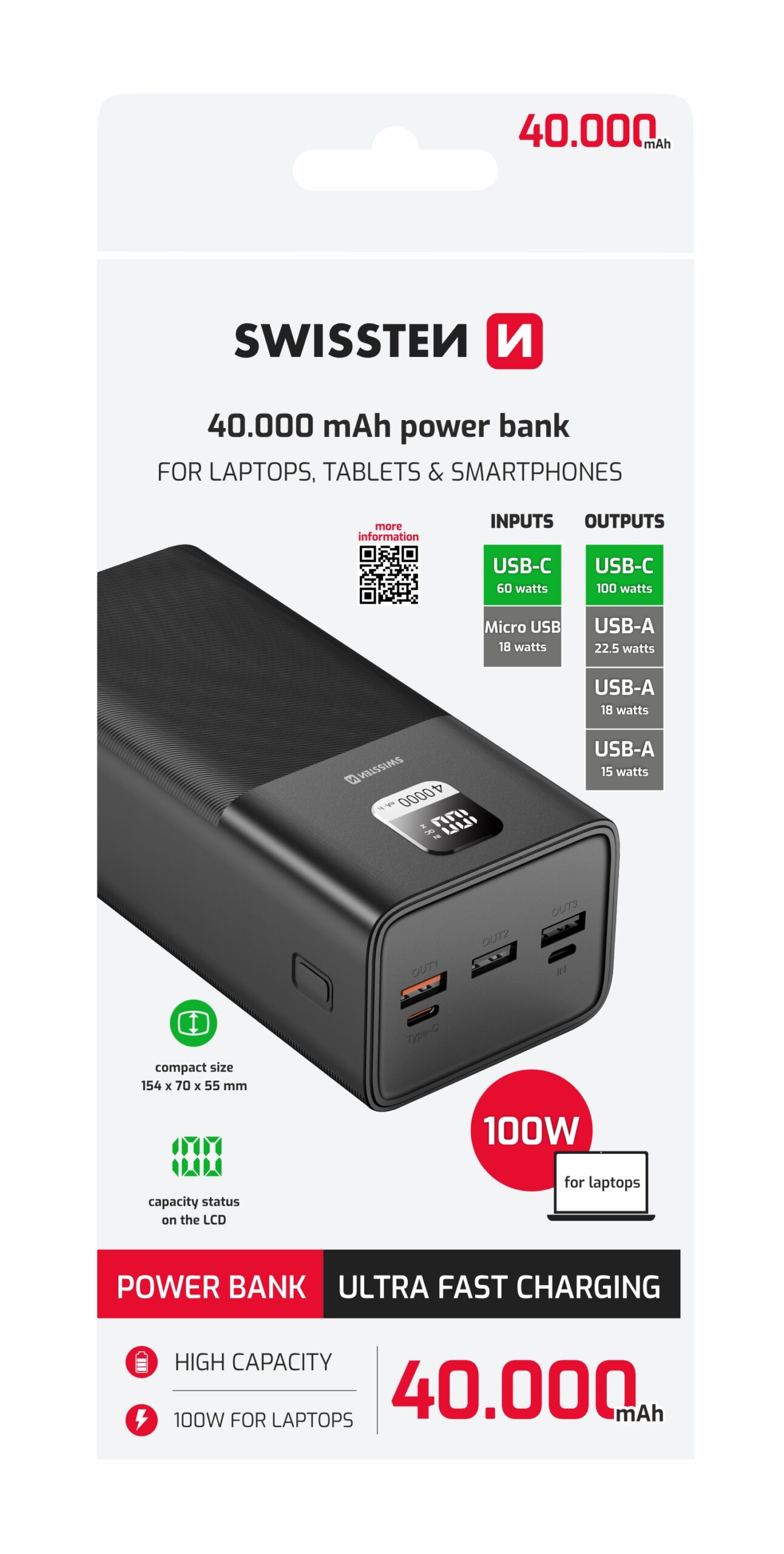 POWER LINE POWER BANK 40000 mAh PRO NOTEBOOKY 100W POWER DELIVERY BLACK - Obrázek 1