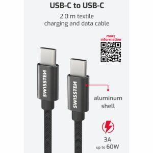 DATOVÝ KABEL TEXTILE USB-C / USB-C 2,0 M ČERNÝ